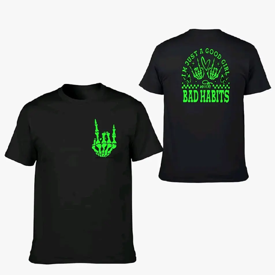 good girl with bad habits shirt humor cute retro short Sleeve black and lime green graphic T-Shirt graphic tee