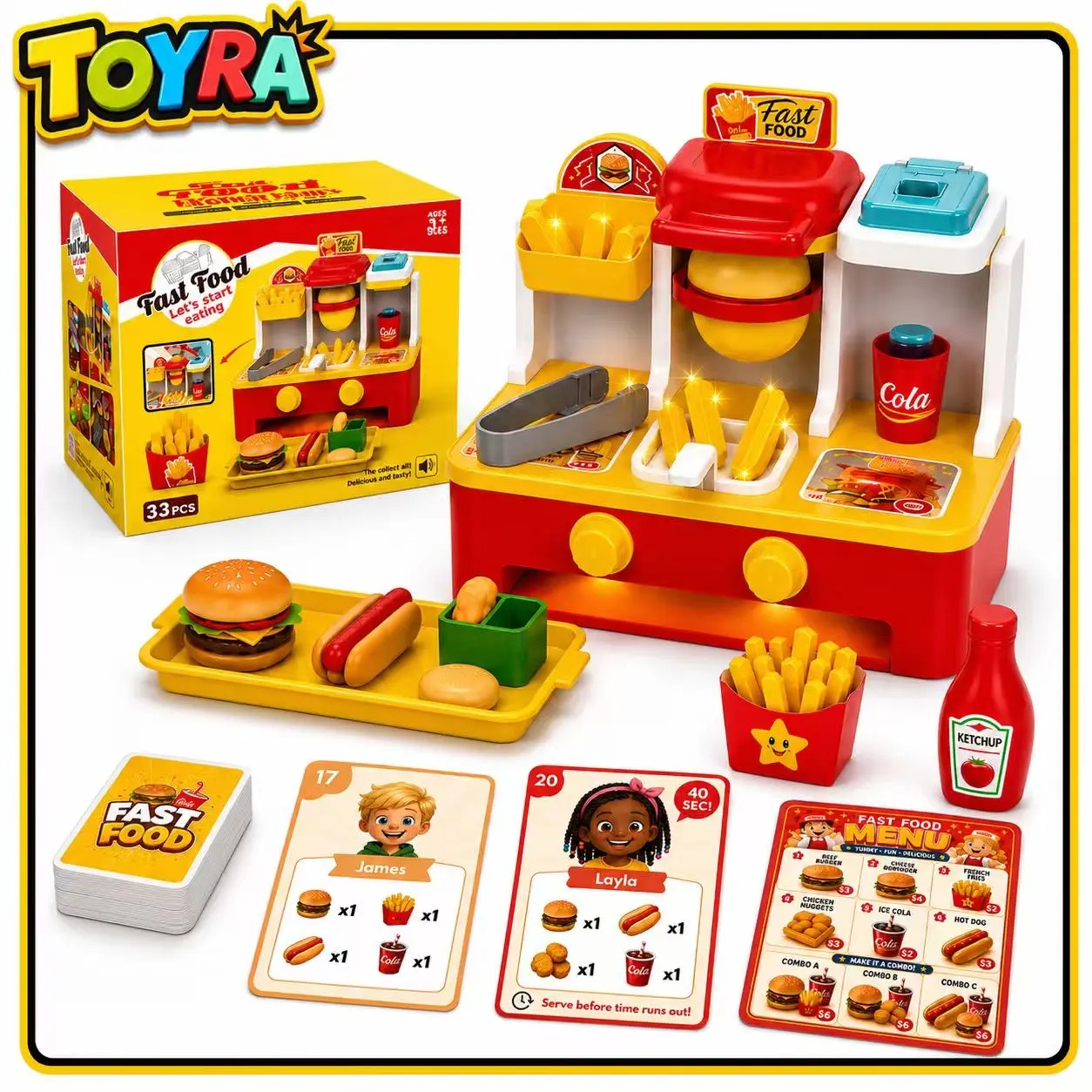 Fast Food Store Playset withBurger, Fries, Potato Cutter, Ice Maker, Menuand Play Money, Play Food Set for Kids,Kitchen Toys Ages 3+ Years Old, Children'sDIY Creative Set, Family Gift, SummerVibesBirthday & Summer Gift Ideas
