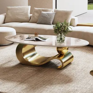 SAVEYOUR  49.2 Inch Oval Coffee Table, Elegant Faux Marble Tabletop with Luxurious Gold Stainless Steel Support Base, Modern Minimalist Center Furniture for Living Room Decoration