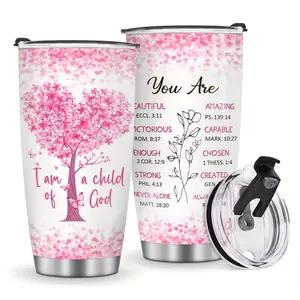 20oz Christian Stainless Steel Insulated Flask - I Am A Child Of God Inspirational Bible Verse Portable Coffee Cup with Lid, Pink Floral Religious Gift for Women bartender water bottle