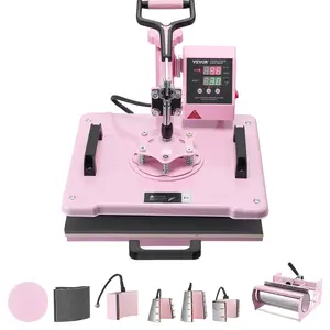 VEVOR 8-in-1 Heat Press Machine, 12x15 in Beginners Friendly Digital Control, 6-30 oz Tumbler Attachment, 360° Swing Away Design for T-Shirt Pressing, Mugs, Hats, Pink