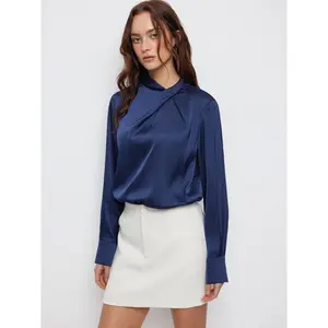 Cider Satin Stand Collar Twist Long Sleeve Bodysuit