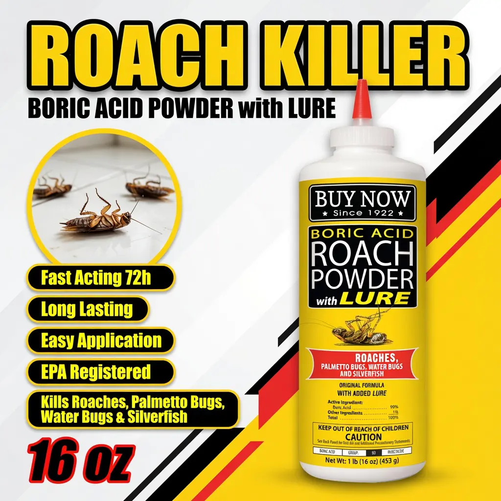 16 oz High Concentration Boric Acid Cockroach Killer Powder with Attractant - Fast Acting Indoor Insect Control for Roaches, Water Bugs, Wall-Infesting Pests