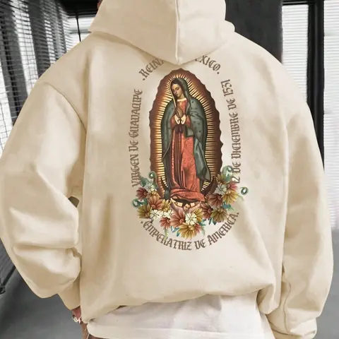 Men's Letter, Virgin Mary, Graphic Print Drop Shoulder Aesthetic Hoodie, Casual Regular Fit Drawstring Pocket Hooded Sweatshirt for Daily Holiday Outdoor Wear, Casual Streetwear Sweatshirt, Men Clothes for Fall & Winter, Fashion Hoodies