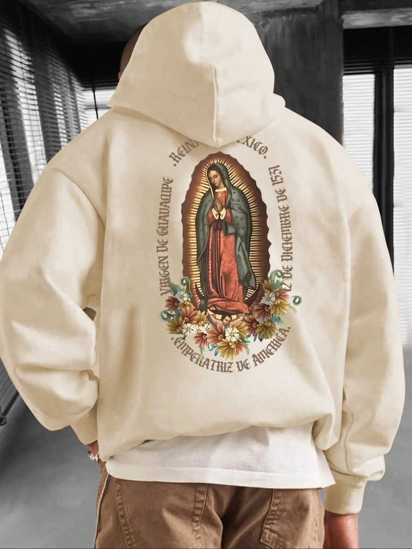 Men's Letter & Virgin Mary Print Drop Shoulder Hoodie, Fashion Casual Regular Fit Drawstring Pocket Hooded Sweatshirt for Daily Holiday Outdoor Wear,