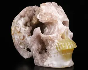 Top Quality 4.4" Sakura Agate Geode Carved Crystal Skull,Super Realistic, Crystal Healing