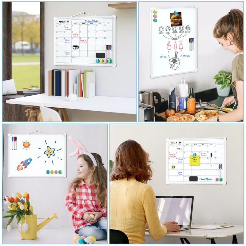 MaxGear 16"x12" Double-Sided Monthly Calendar Dry Erase Board for Wall Hanging Whiteboard with 3 Markers & 4 Magnets Portable for Students Planning Drawing Memo To-Do List