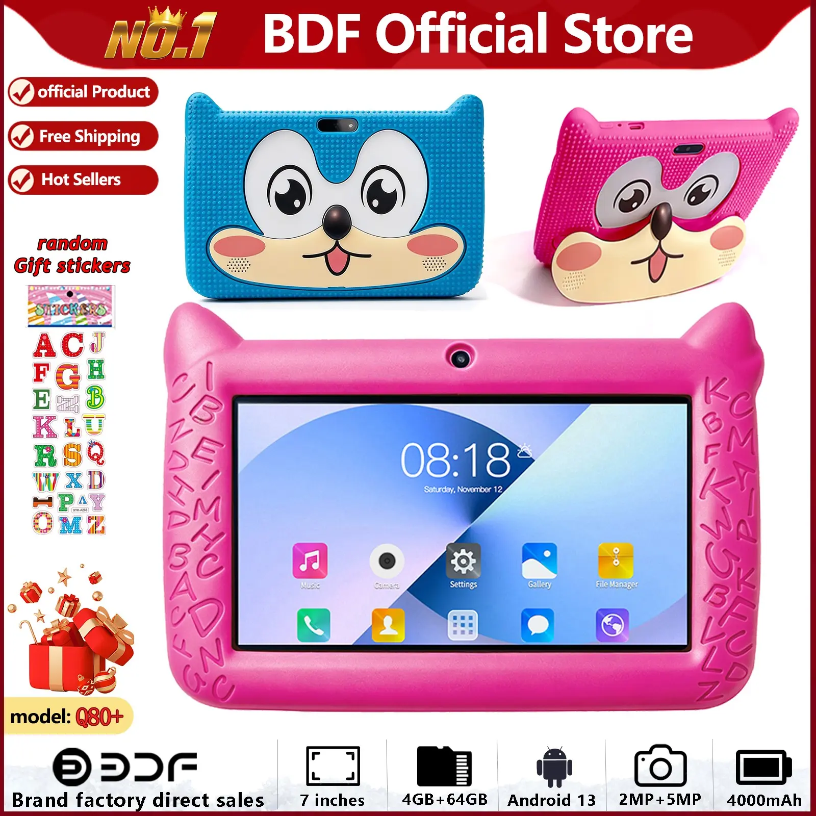Bdf 7-Inch Kids Android Learning Entertainment Tablet, 4GB RAM, 64GB Storage, Fhd Display, 4000mah Battery, Parental Control, Wi-Fi & Bluetooth-compatible, Blue/