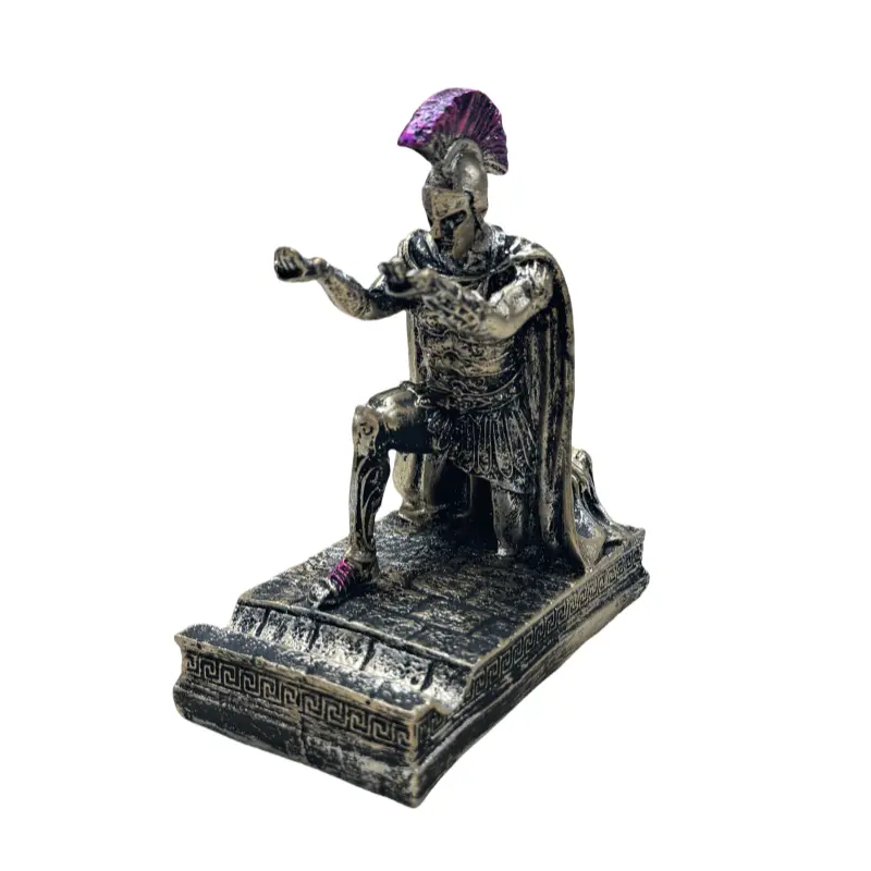 Roman Warrior Desk Holder (5.71") antique-style resin figurine with purple crest. Multi-use stand for vape pen, e-cig or pen. Kneeling gladiator design, metallic finish. Perfect desk decor for office, study or living room. gift for history&vintage fans