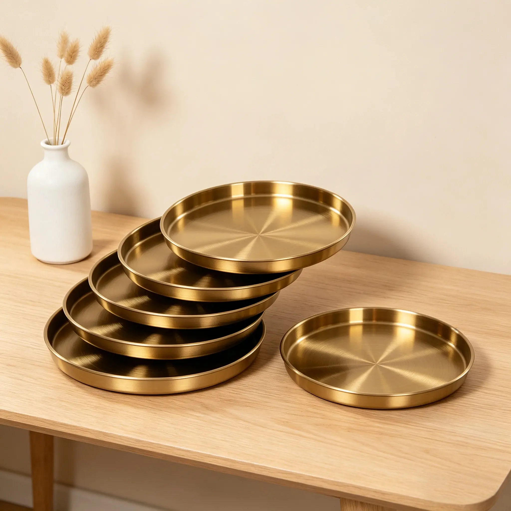 CNCEST 6-Piece Luxury Gold Stainless Steel Serving Trays Set - 12-in Brushed Metallic Boxed Packaging Plates, Decorative Accent Plates for Pastries & Home Decor