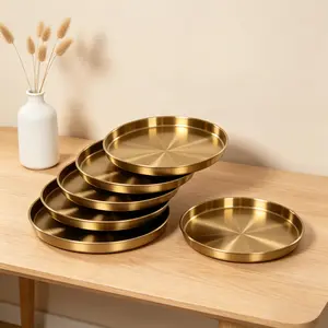 CNCEST 6-Piece Gold Serving Trays Set, 12 Inch Stainless Steel Round Platters Brushed Metal Trays for Jewelry Display, Pastries, Appetizers & Home Decor