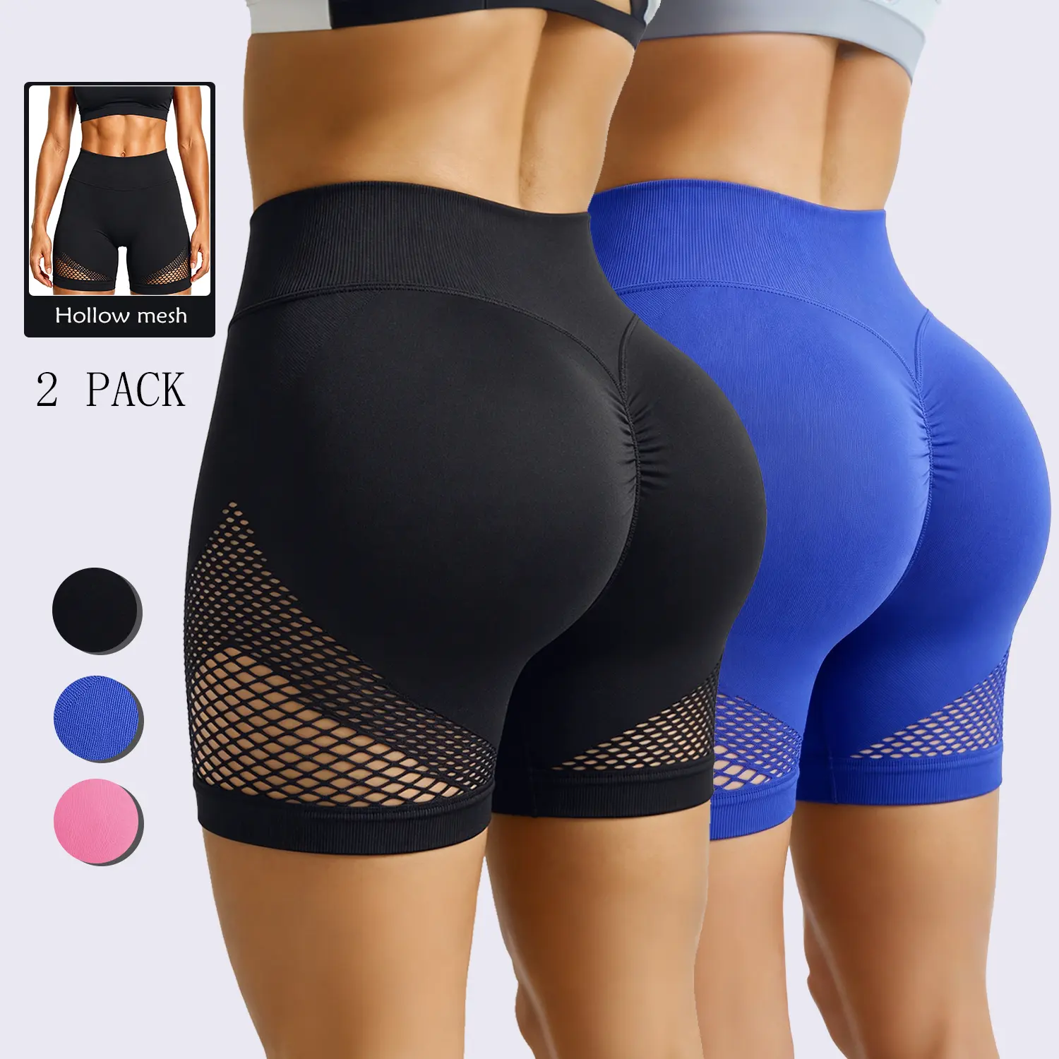 RIOJOY Women's Seamless High Waist Workout Shorts Breathable Side Hollow Mesh Shorts Scrunch Butt Lift Bottoms Gym Cycling Athletic Shorts
