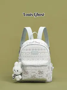 Backpack - Cute and Kawaii Backpack Suitable for Girls | School-style Backpack with Plush Rabbit Pendant | Retro Fair Isle Knit Print Faux Leather Backpack | Small Travel and Daily Use Bag | Perfect for School, Travel and Daily Outfits | Douyin Hot-sellin