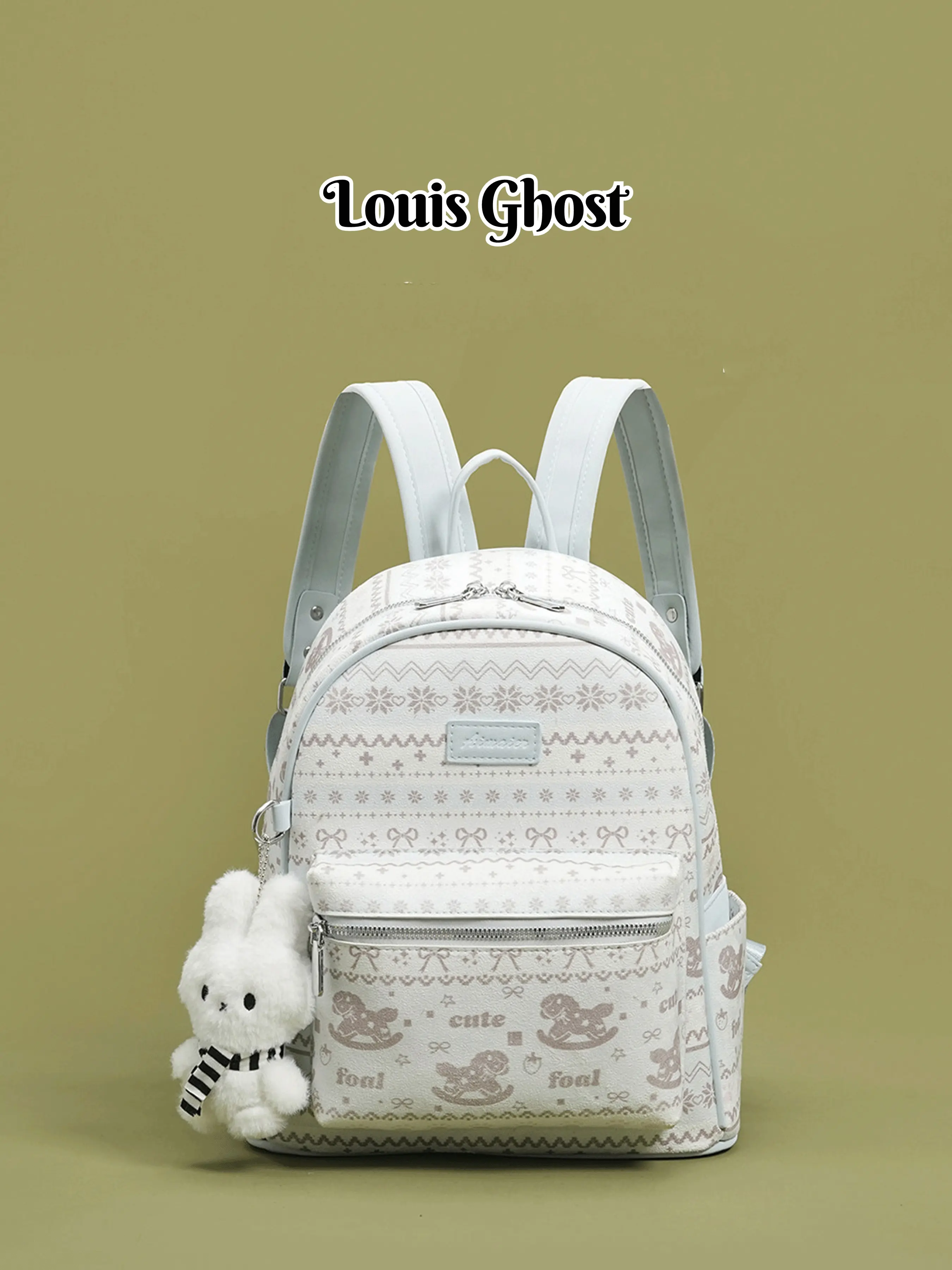 Backpack - Cute and Kawaii Backpack Suitable for Girls | School-style Backpack with Plush Rabbit Pendant | Retro Fair Isle Knit Print Faux Leather Backpack | Small Travel and Daily Use Bag | Perfect for School, Travel and Daily Outfits | Douyin Hot-sellin