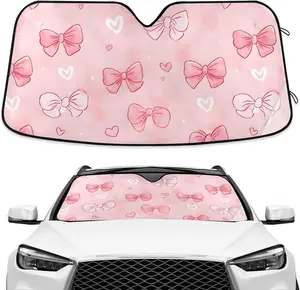 White-Pink Bow Heart Accordion Car Sunshade, 1 x Front Windshield Cover with 2 x Suckers, Foldable UV-Ray Blocking Visor Protector (135cm*60cm, 140cm*70cm) for Trucks, SUVs