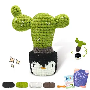 Cute Penguin Cactus Crochet Kit, Crochet Starter Kit with Step-by-step Video Tutorial, DIY Knitting Kit for Beginners, Gift for Friends