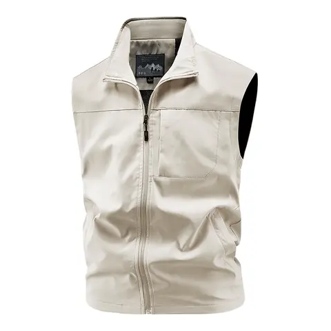 Men’s solid-color hooded vest jacket  multifunctional outdoor windproof and waterproof casual sports vest; regular-fit outdoor fishing vest;with stand collar and multiple pockets; men’s outerwear suitable for all seasons. # SummerWins # fathersdaygift
