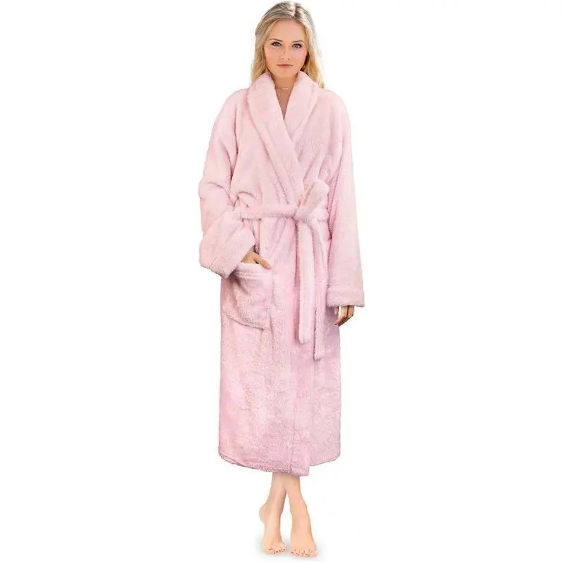Womens Plush Soft Robe Fluffy, Warm, Fleece Sherpa Shaggy Bathrobe Loungewear Pockets
