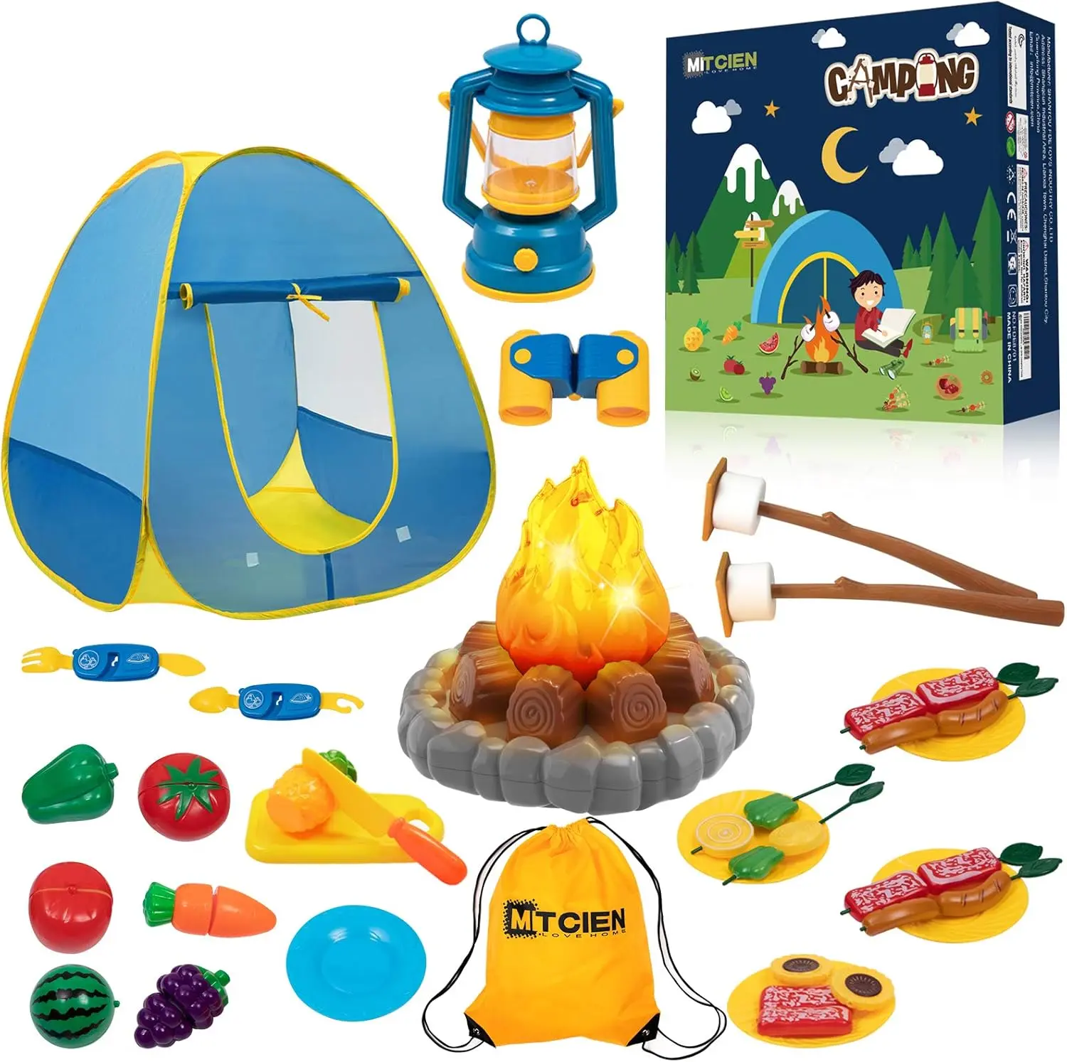 LETSSQUISHY Kids Camping Play Tent Set - Campfire with Bright Flames, Sound-Effects Oil Lantern (Requires AA Battery), Cut-Up Fruits, Marshmallows, Skewers - Pretend Play Toy for 3-6+ Year Olds (Playhouses, Tents & Tunnels Category)