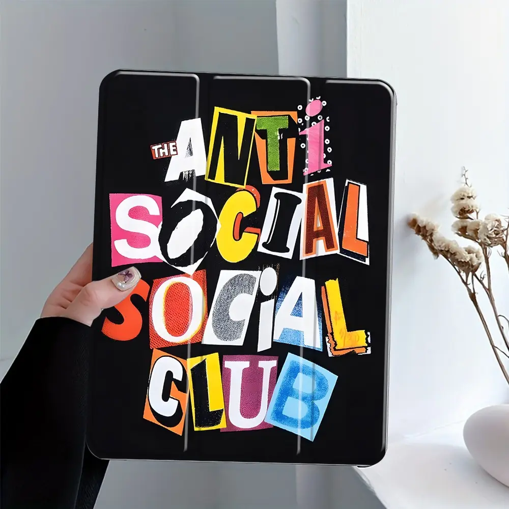 Edgy Anti-Social Quote Art iPad Case, Full-Body Shockproof Acrylic Cover with Kickstand for iPad 7.9/8.3/10.2/10.5/10.9/11/12.9/13 inch, Ransom-Style Collage Design for Students & Introverts, Suitable for School & Office
