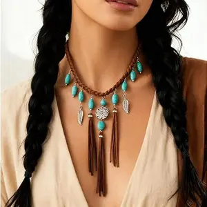 Bohemian Black & Brown Tassel Necklace with Turquoise Beads - Vintage-Inspired Women'S Accessory, Perfect for Casual Attire or Holiday Gifts, Vintage Jewelry