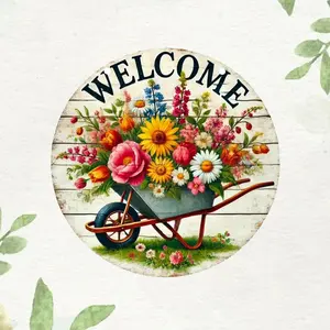 2D Flat Garden Unicycle Welcome Sign, Outdoor Patio Decoration Aluminum Round Plaque, Vintage Garage Wall Art for Cafes