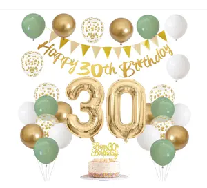 30th Birthday Decorations for Women Men, Happy Banner With Cake Topper Number 30 Foil Balloon, Sage Green White Gold Balloons for 30 Year Old Party Decoration