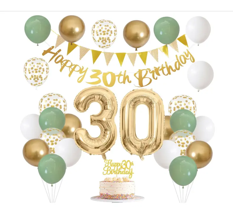 30th Birthday Decorations for Women Men, Happy Banner With Cake Topper Number 30 Foil Balloon, Sage Green White Gold Balloons for 30 Year Old Party Decoration