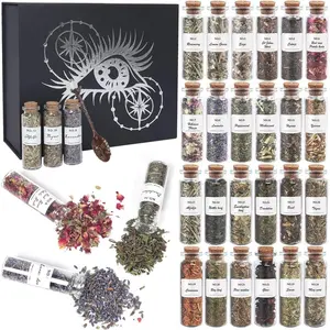 Witchcraft Supplies Herbs and Flowers Kit - 24 Pieces of Natural Dried Herbs Set with Crystals Spoon - Witchy Beginners Experienced Dried Herbs Box for Spells Rituals Room Altar Decor