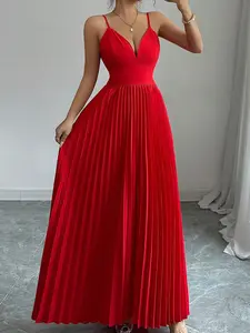 Elegant Sleeveless Long Dress for Women, V Neck Pleated Casual Summer, Fitted Woven Fabric, All Season Wearable Style