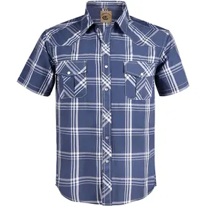 COEVALS CLUB Men's Western Cowboy Pearl Snap Plaid Shirt | Short Sleeve Casual Work Classic Fit High-End Durable Fabric Summer Menswear Top