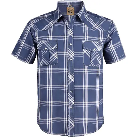 COEVALS CLUB Menswear Men's Classic Fit Collared Neck Western Plaid Pearl Snap-Shortleeve Button-Down Shirt, Breathable Snap-On Fast American Cowboy Casual Ranch Top for Country Concert Outfit