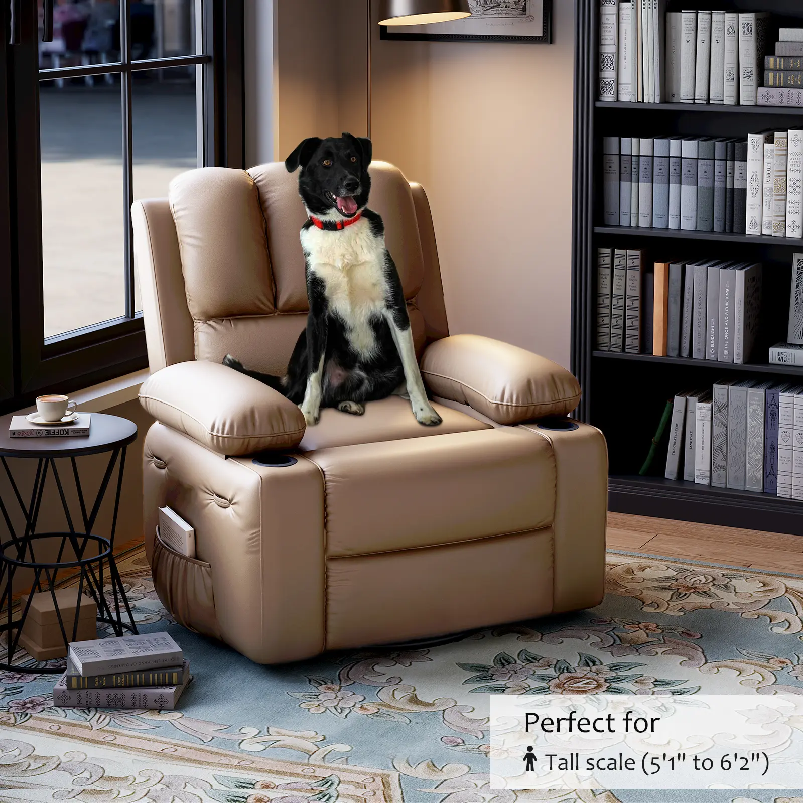 Garvee Oversized Swivel Rocker Recliner Chair for Living Room & Nursery – 360° Manual Recline, Heated Massage, Soft PU Leather, Dual Cup Holders, Side Pocket, Comfortable Single Sofa for Adults, Vintage Tan or Grey