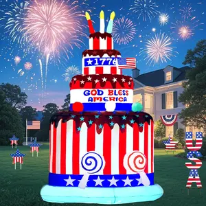 7FT 4th of July Inflatable Outdoor Decorations God Bless America Cake with Built-in LED Lights Blow Up Yard Decoration Patriotic Independence Day Inflatables for Memorial Day Party Lawn Decor