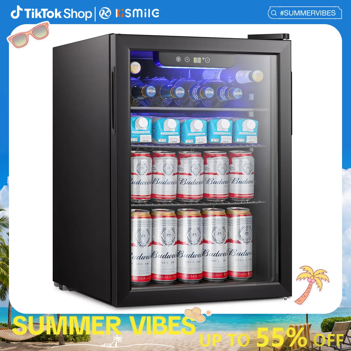Kismile 2.5 Cu Ft Compact Mini Wine Cooler Mini Fridge, 24-Bottle Freestanding Beverage Refrigerator with Glass Door, Quiet Operation, Adjustable Temperature Control