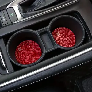 2PCS Diamond inlaid car water cup pad, car storage compartment pad, car interior decoration circular silicone anti slip pad, soft rubber full of diamonds