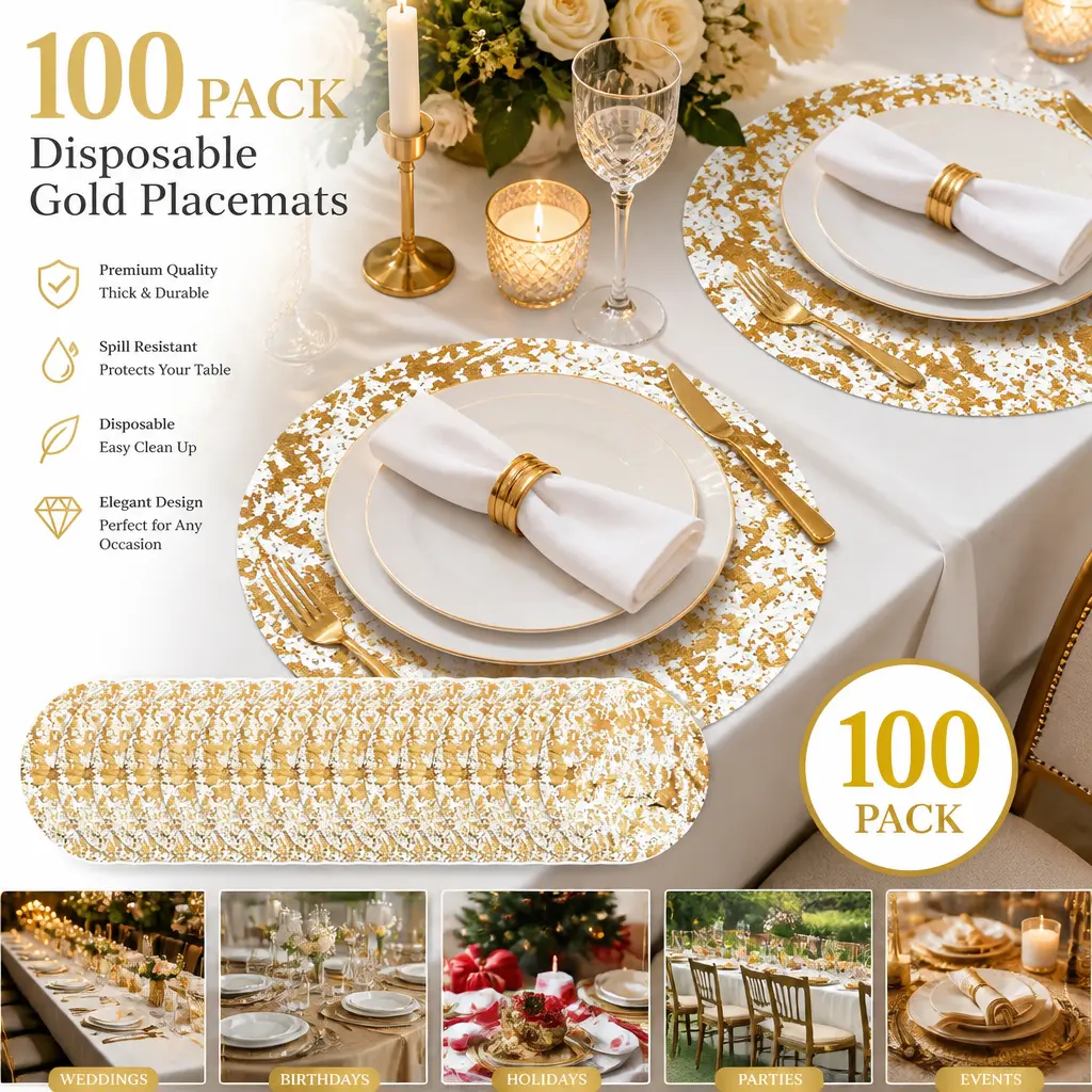 100 Pcs Gold Disposable Placemats - 13in Circular Foil Mesh Polyester Laminate Table Doilies, Glam Large Pack Metallic Thin Table Pads, Non-Stick Easy Disposal Tableware for Home Dining, Happy Birthday, Table Pad Mat, Baby Showers