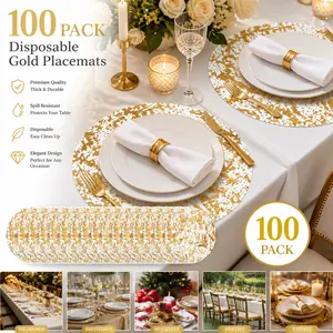 100 Pcs Gold Disposable Placemats – 13 Inch Round Foil Mesh Table Doilies, Metallic Thin Runner – Great for Home Dining, Birthday, Banquet – Shiny & Non-Stick
