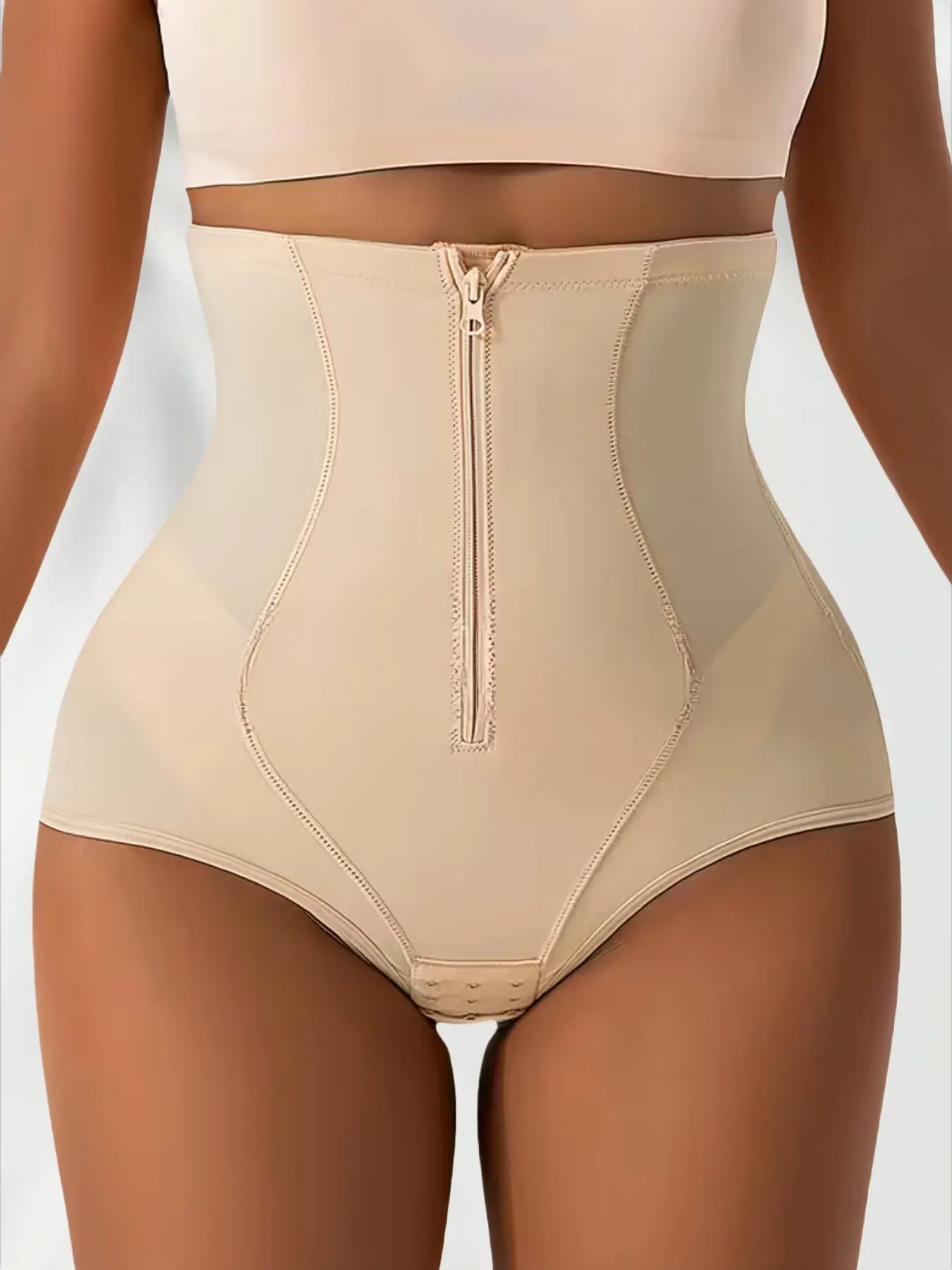 1 Count Women's Tummy Control Bbl Body Shaping Shapewear Panty, High Waist Butt Lifting Briefs, Zipper & Single Row Hook Closure Design Shorts, Buttock Contraction Seam & Vase Stitch Detail Panties, Suitable For Daily Wear