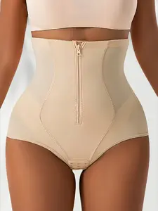 1 Count Women's Tummy Control Shapewear Panty, High Waist Butt Lifting Briefs, Zipper & Single Row Hook Closure Design Shorts, Buttock Contraction Seam & Vase Stitch Detail Panties, Suitable For Daily Wear