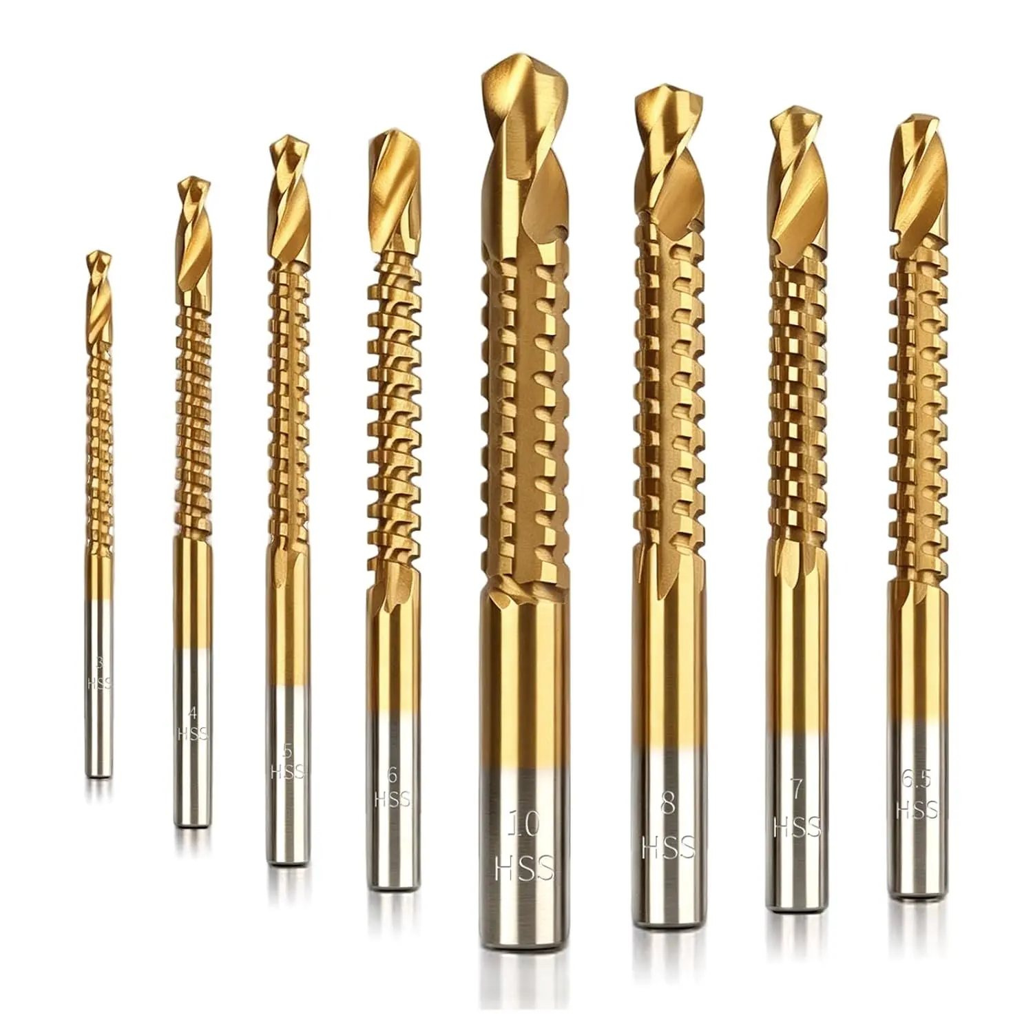 6/8Pcs Titanium Coated HSS Twist Drill Bits, 3-8mm/3-10mm Serrated Side Cutting Drill Bit 135° Split Point Drill Bits, Round Shank, Woodworking Tools Drill Bit Set for Plastic Metal Wood Hole