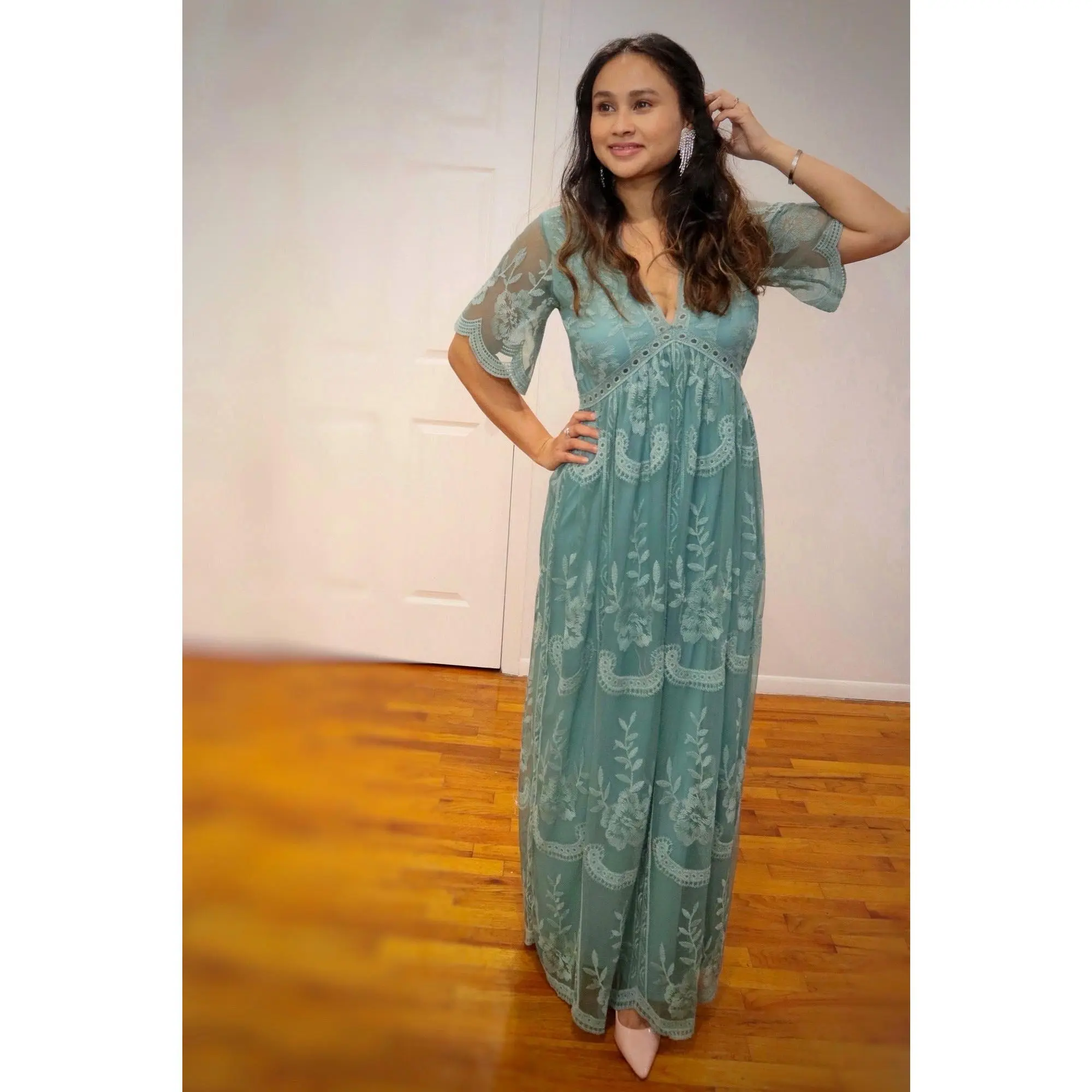 Sage Lace Mesh Overlay Maxi Dress - TikTok Shop