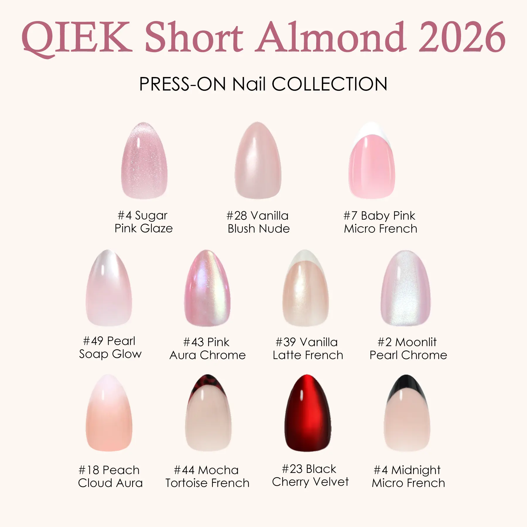 QIEK Press On Nails Short Almond - Fake Nails Kit, 30/32Pcs 15/16 Sizes Almond Nail Tips Soft Gel Press on Nails Salon Quality Reusable False Nails with Nail Glue Adhesive Tabs for Women Girl, Daily Wear Dating