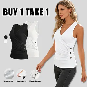 Women’s Sleeveless Wrap Top – Waist-Cinching Slim Fit Ribbed Tank, Spring Summer Going Out Essential Stretchy Slim Fit V Neck Tank for Daily Wear  Breathable  Light Jeans Feminine autumn fashion Women's Sports Double Lined Spaghetti Strap Camisole Cotton