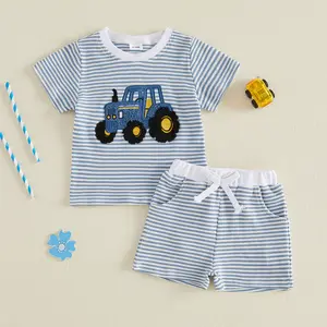 Imcute Toddler Baby Boys Summer Outfits Set Tractor Embroidery Waffle Stripe Short Sleeve T-Shirts Tops Shorts 2Pcs Clothes Set