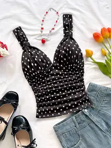 LUSHLACE Elegant Polka Dot Knit Camisole Ruched Twist Strap for Summer Vacation