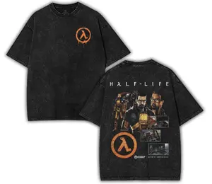 Half-life Washed Unisex Graphic Tees, Casual Crewneck Short Sleeve Washed Tshirt 2 Sided Cotton unisex graphic tees gamer merch, Black Cotton Tee
