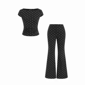 Cider Cotton-blend Boat Neck Polka Dot Top & Mid Rise Flared Trousers Set