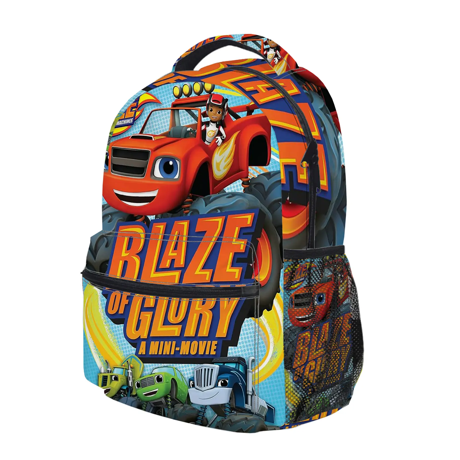Blaze and the Monster Machines Animated Character Element Backpack - Cute One Size Y2K Fashion Zipper Bookbag for Elementary School Girls, Durable Vibrant Graphic Double Pocket Bag with Mesh Side Pockets, Lightweight Travel Daypack