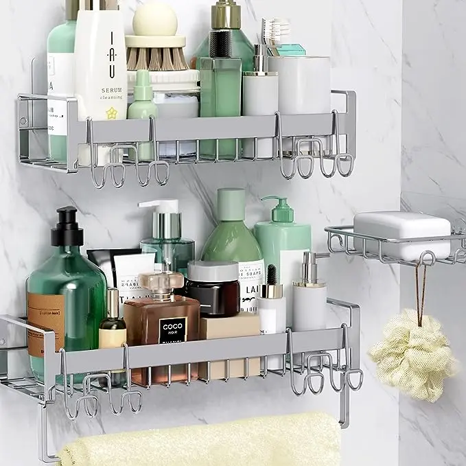 Kayfia Shower Caddy Basket Shelf with Soap Holder, 3 Pack Adhesive Shower Organizer, No Drilling Rustproof Alloy Steel Mounted Racks with Towel Bar for Kitchen Bathroom Shampoo Storage (Silver Grey)